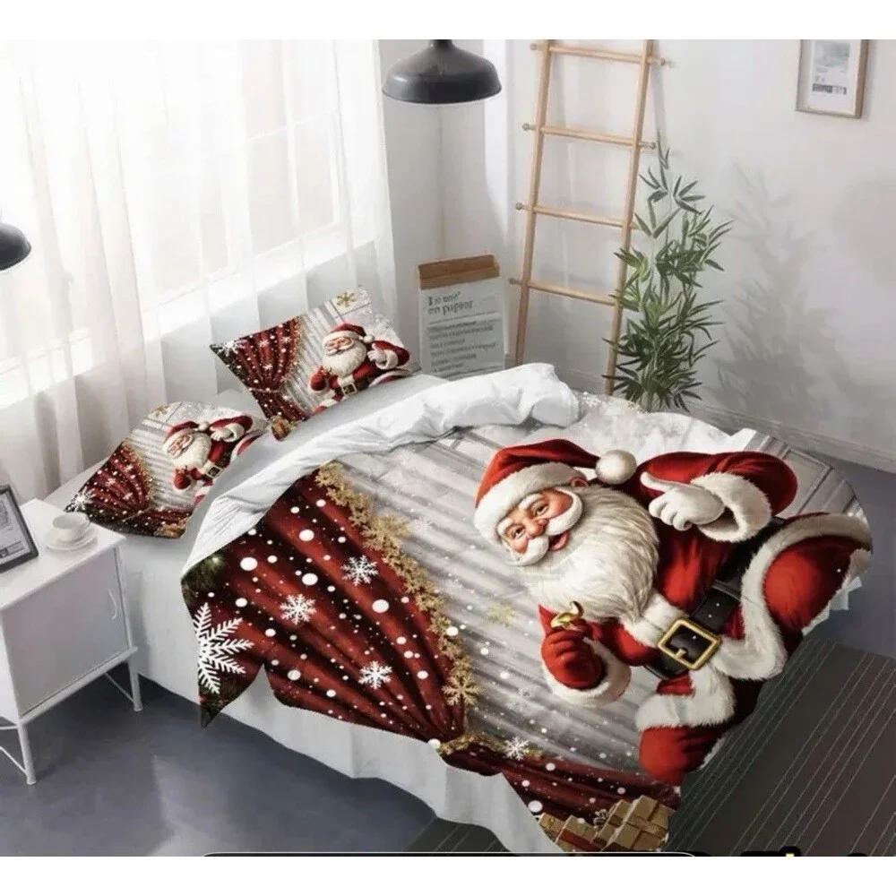 3-Pcs Santa Claus Bedding Set, Holiday Theme Digital Printed Quilt Cover Pillowc